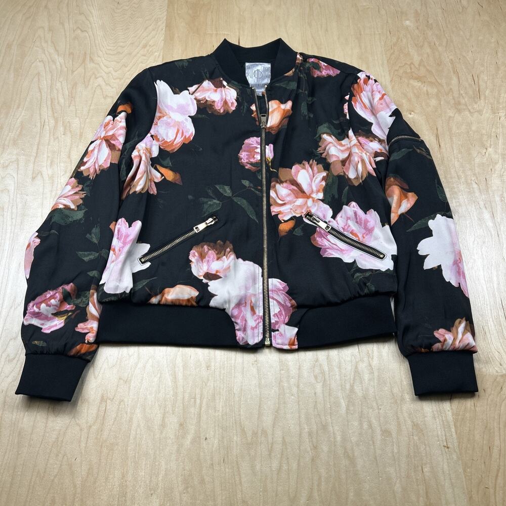 Jennifer Lopez Floral Bomber Jacket Black Pink Roses Zip Up Womens M Gold Zipper - Picture 2 of 12